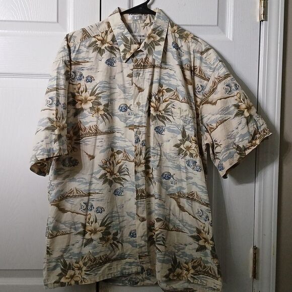 Pierre Cardin tropical island green print button down casual vacation shirt Sz L - Picture 1 of 6